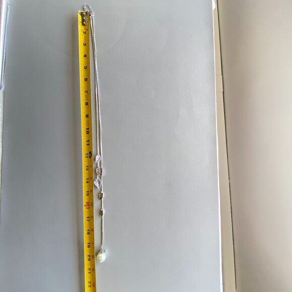 Silver Tone Long Crystal Leaves Pearl Drop Necklace - Picture 7 of 10